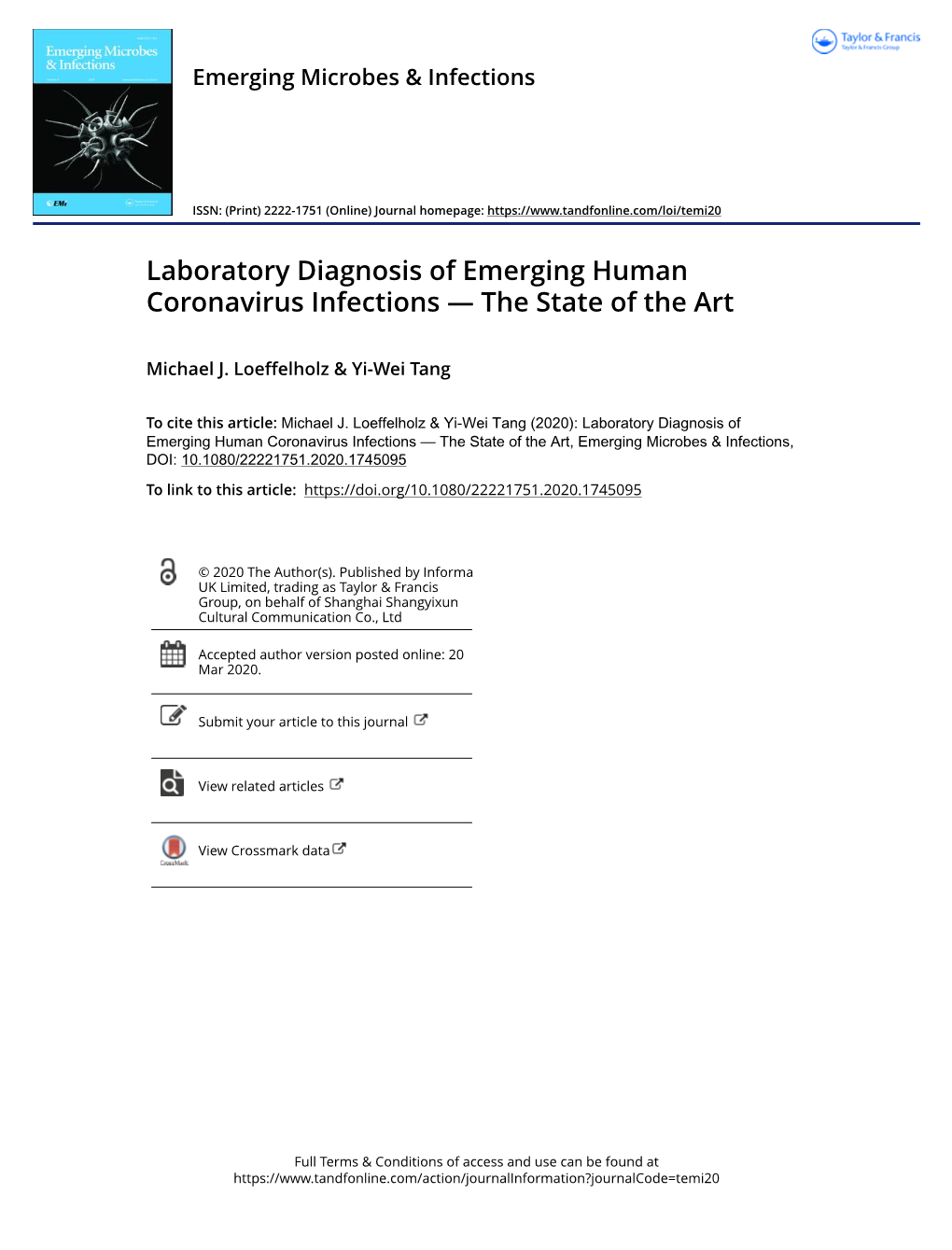 Laboratory Diagnosis of Emerging Human Coronavirus Infections — the State of the Art