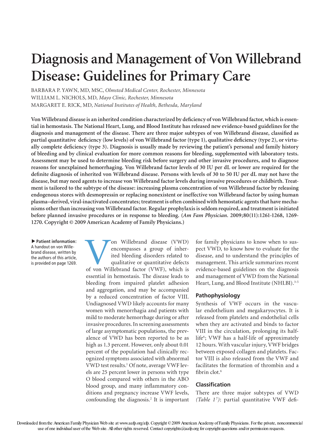 Diagnosis and Management of Von Willebrand Disease: Guidelines for Primary Care BARBARA P