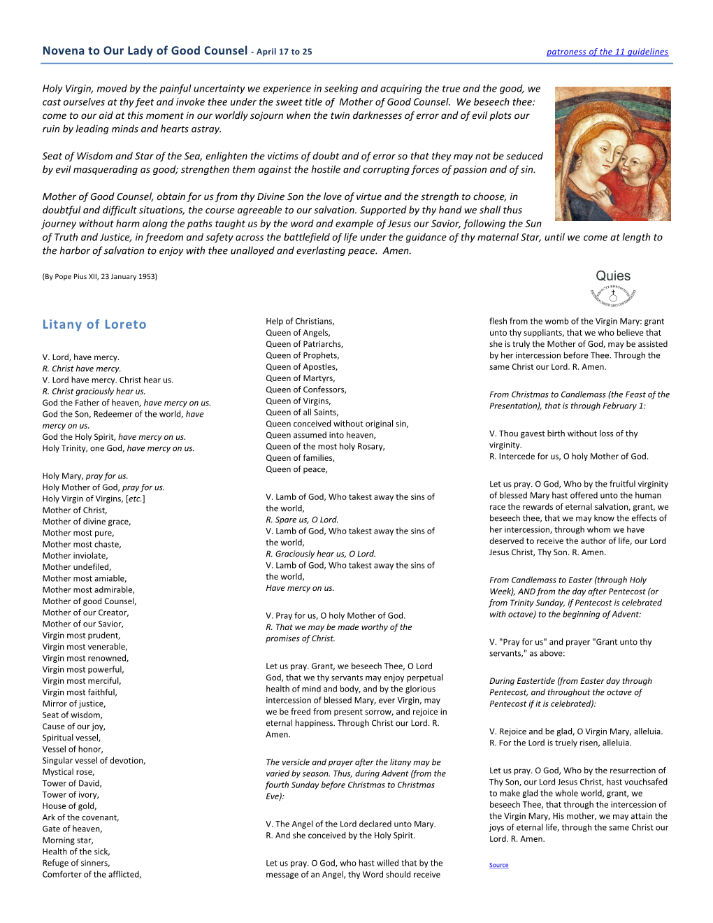 Novena to Our Lady of Good Counsel and the Litany of Loreto