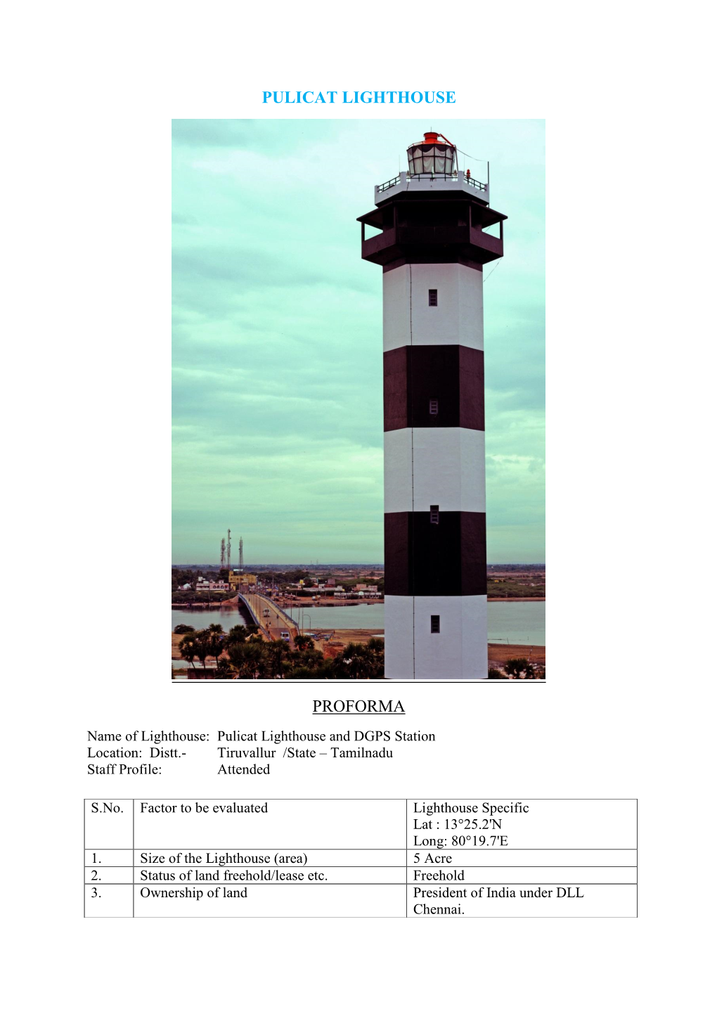 Pulicat Lighthouse Proforma