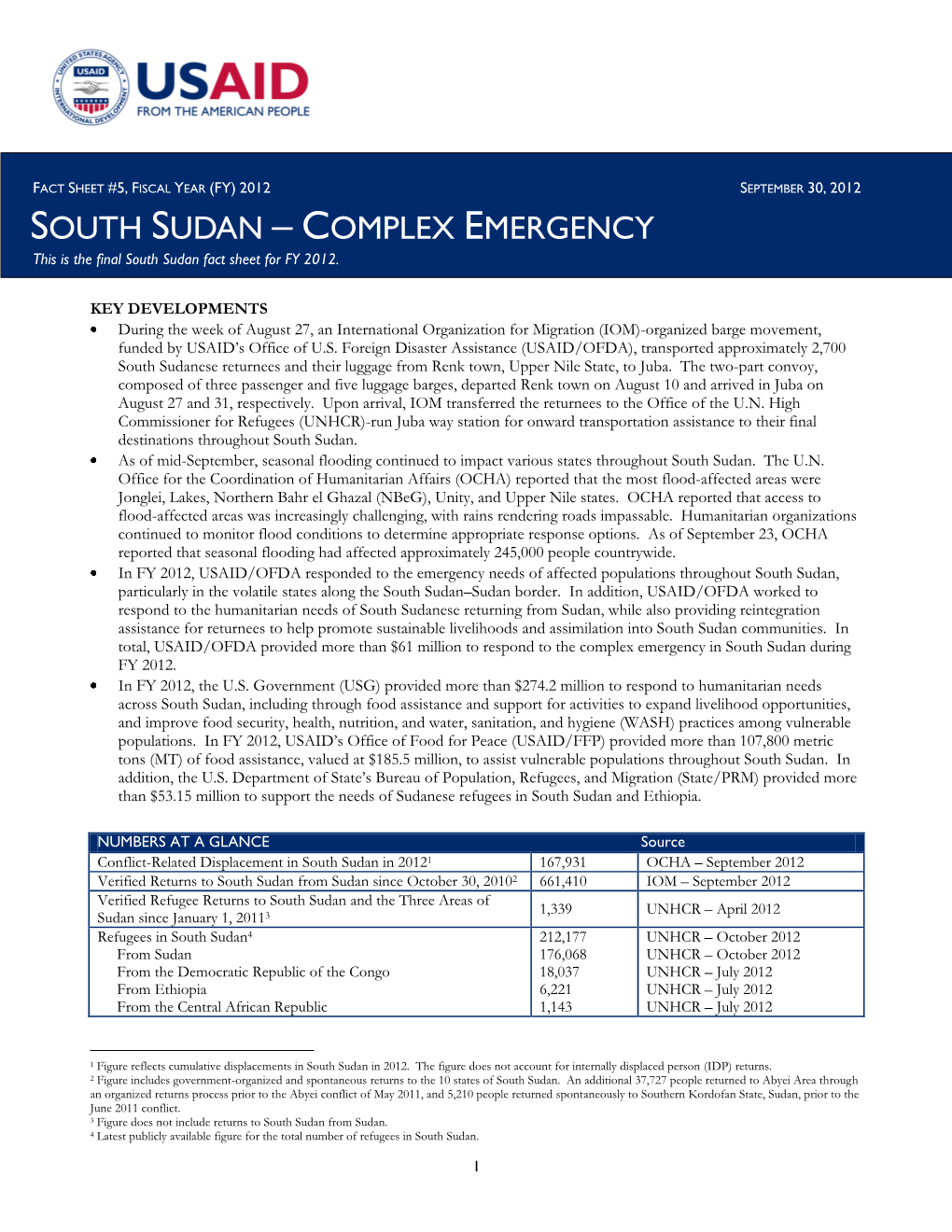 SOUTH SUDAN – COMPLEX EMERGENCY This Is the Final South Sudan Fact Sheet for FY 2012