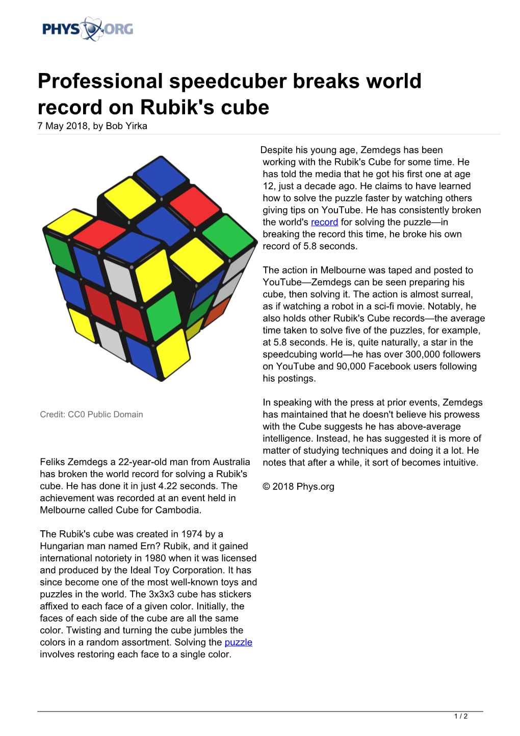 Professional Speedcuber Breaks World Record on Rubik's Cube 7 May 2018, by Bob Yirka