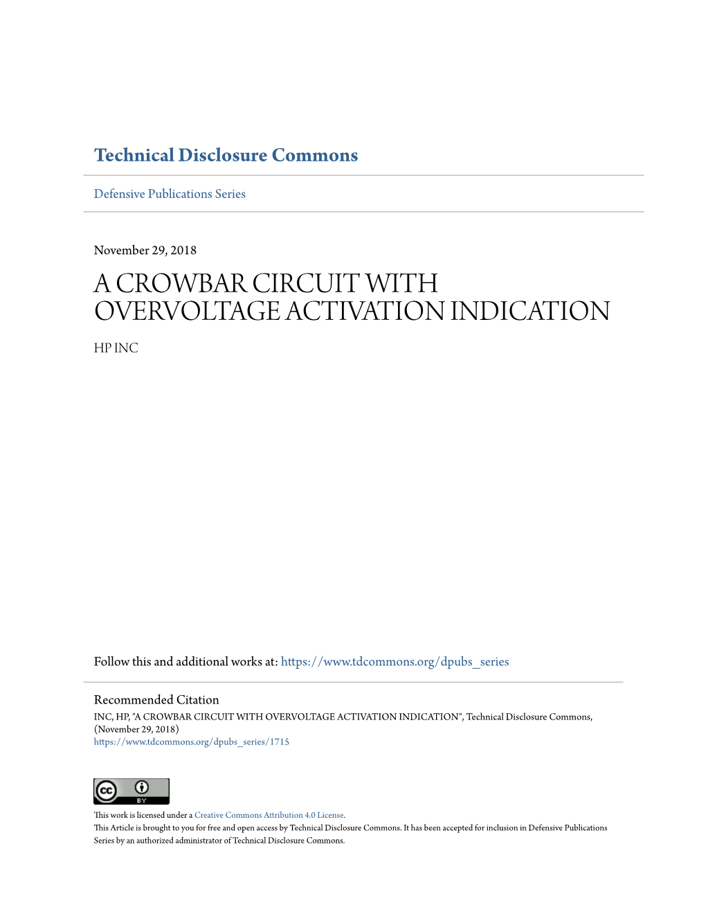 A Crowbar Circuit with Overvoltage Activation Indication Hp Inc