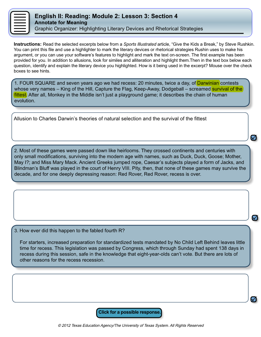 English II: Reading: Module 2: Lesson 3: Section 4 Annotate for Meaning Graphic Organizer: Highlighting Literary Devices and Rhetorical Strategies