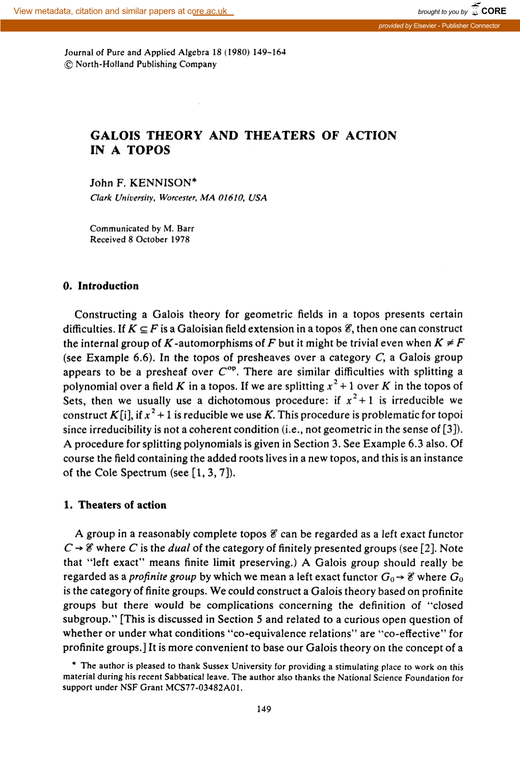 Galois Theory and Theaters of Action in a Topos