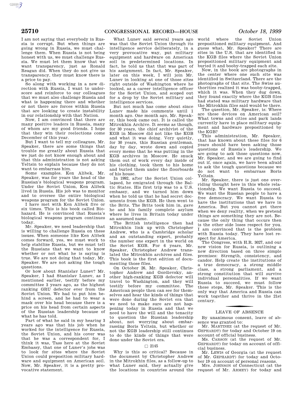 CONGRESSIONAL RECORD—HOUSE October 18, 1999 I Am Not Saying That Everybody in Rus- What Lunev Said Several Years Ago World Where the Soviet Union Sia Is Corrupt