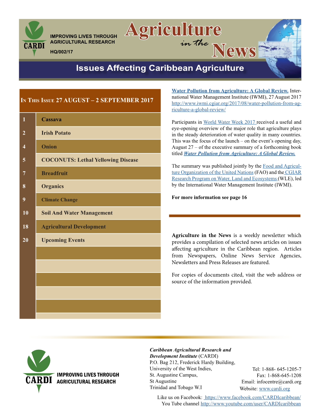 Agriculture AGRICULTURAL RESEARCH in the HQ/002/17 News Issues Affecting Caribbean Agriculture