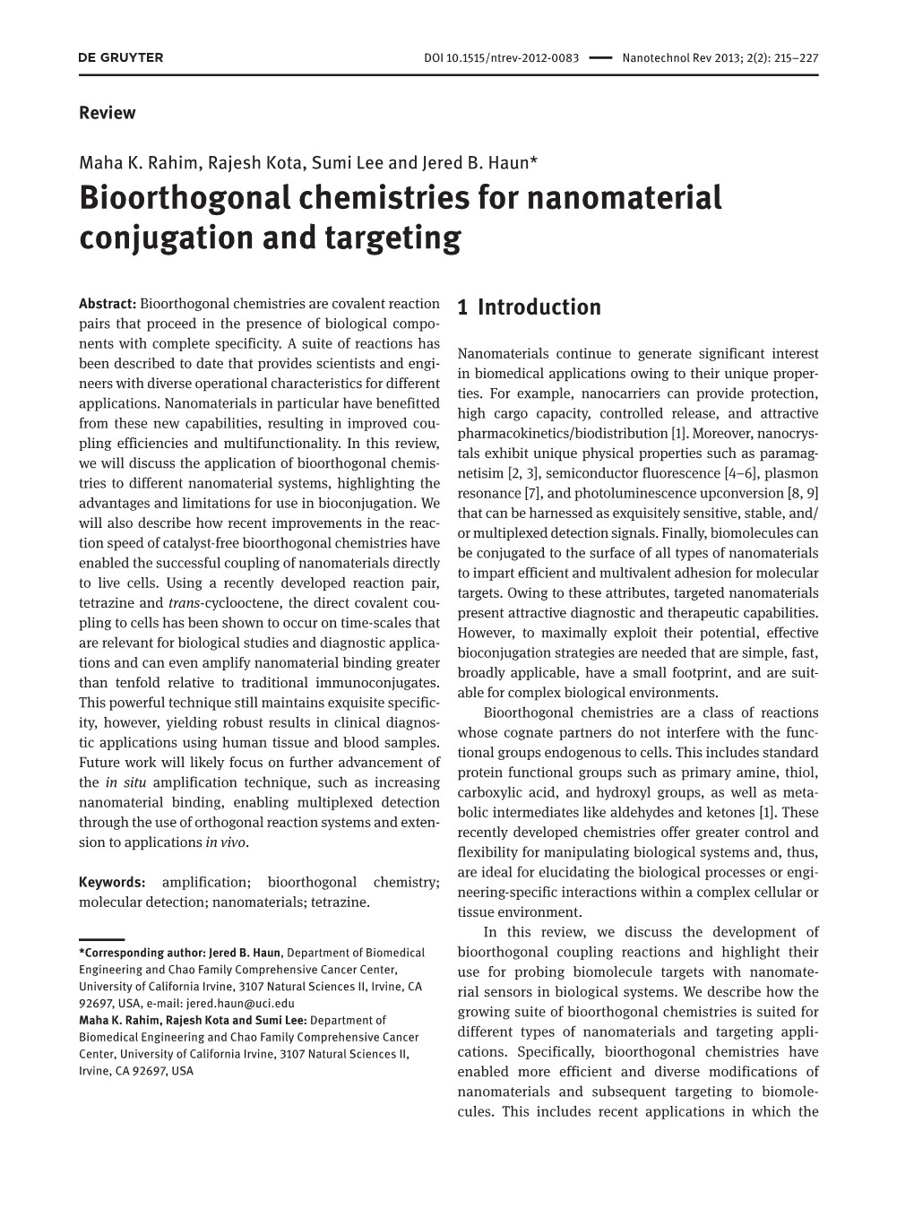 Bioorthogonal Chemistries for Nanomaterial Conjugation and Targeting