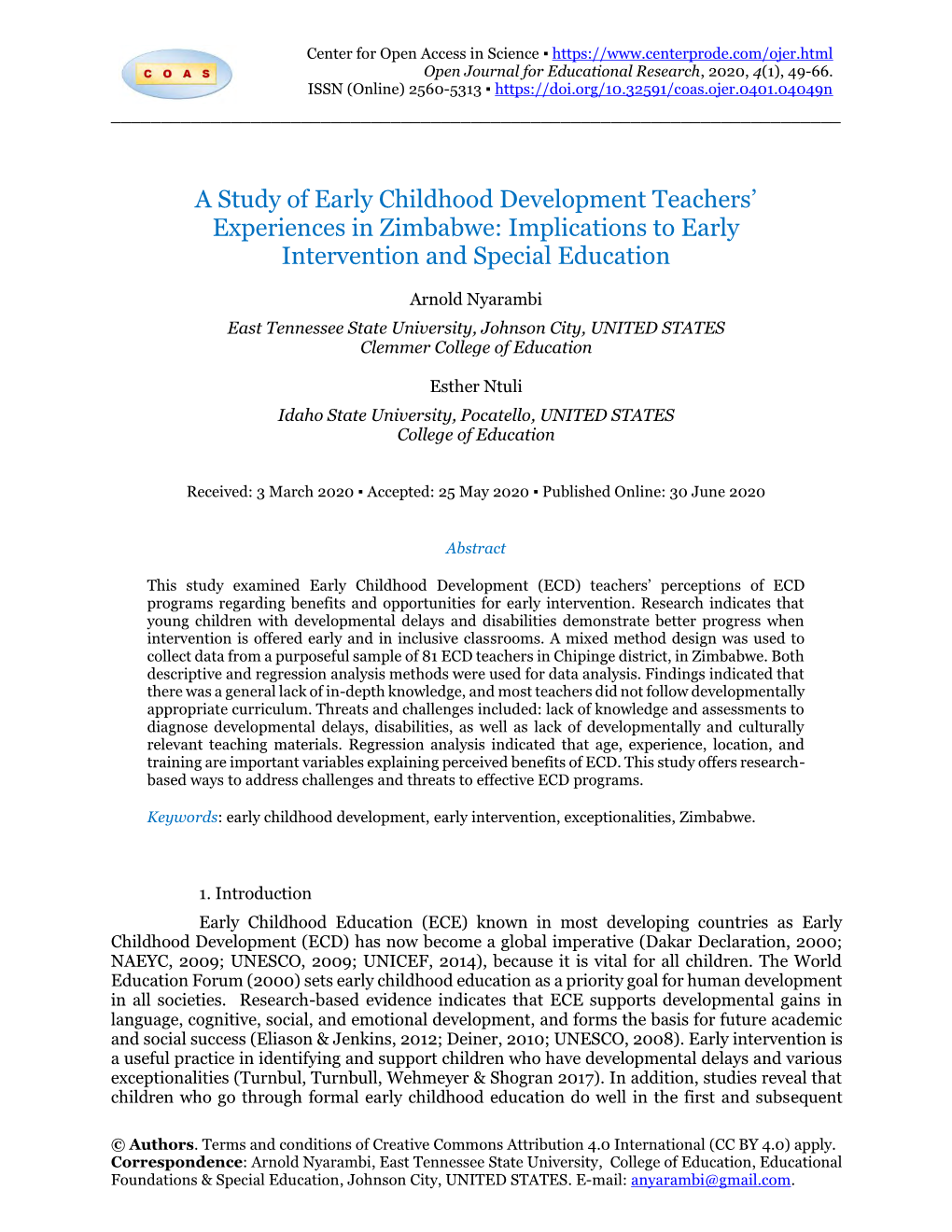 A Study of Early Childhood Development Teachers’ Experiences in Zimbabwe: Implications to Early Intervention and Special Education