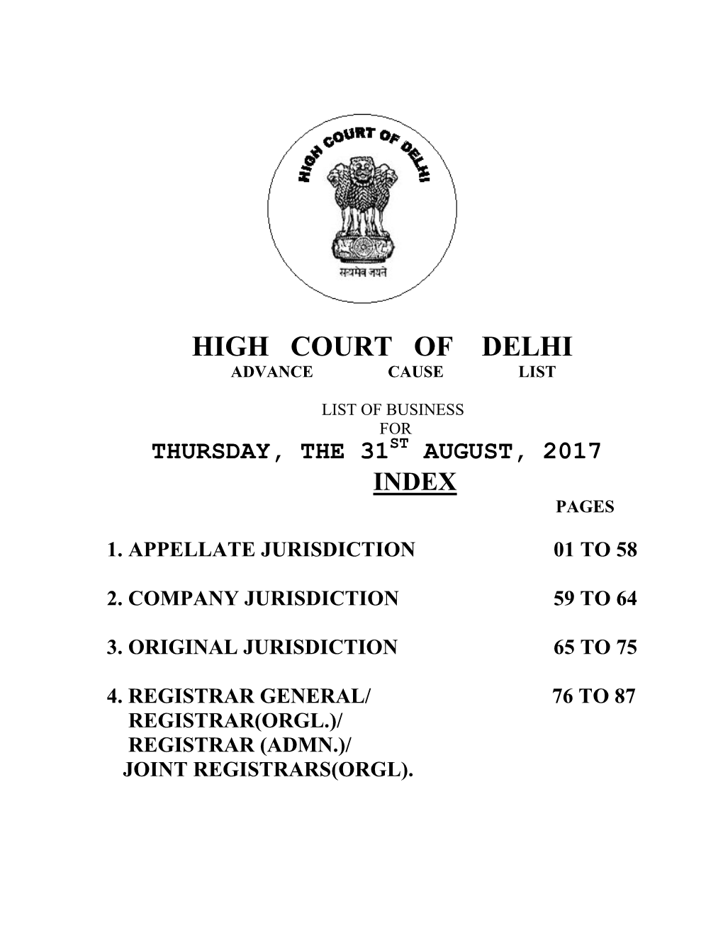 High Court of Delhi Advance Cause List