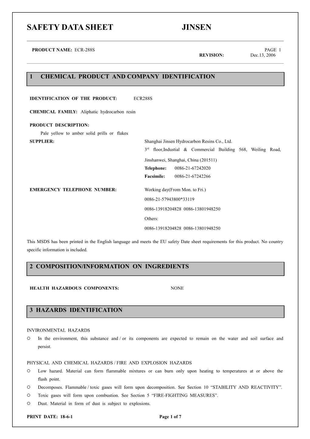 Safety Data Sheet Jinsen