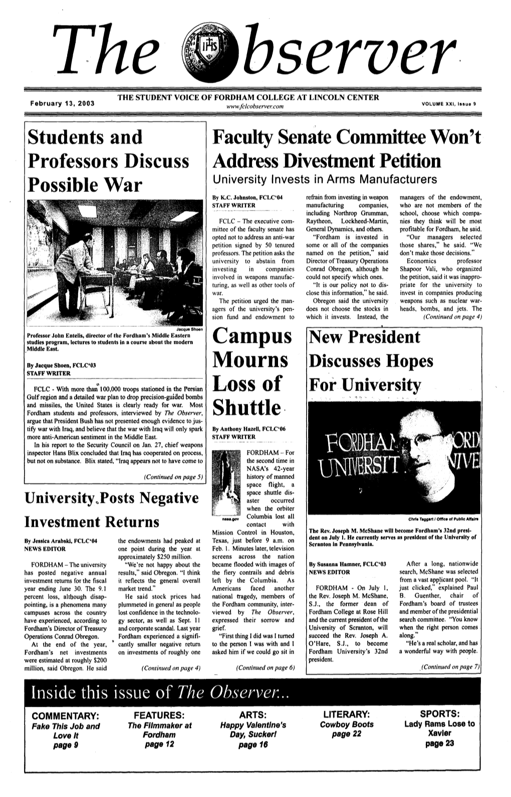 Campus Mourns Loss of Shuttle (Continued from Front Page)