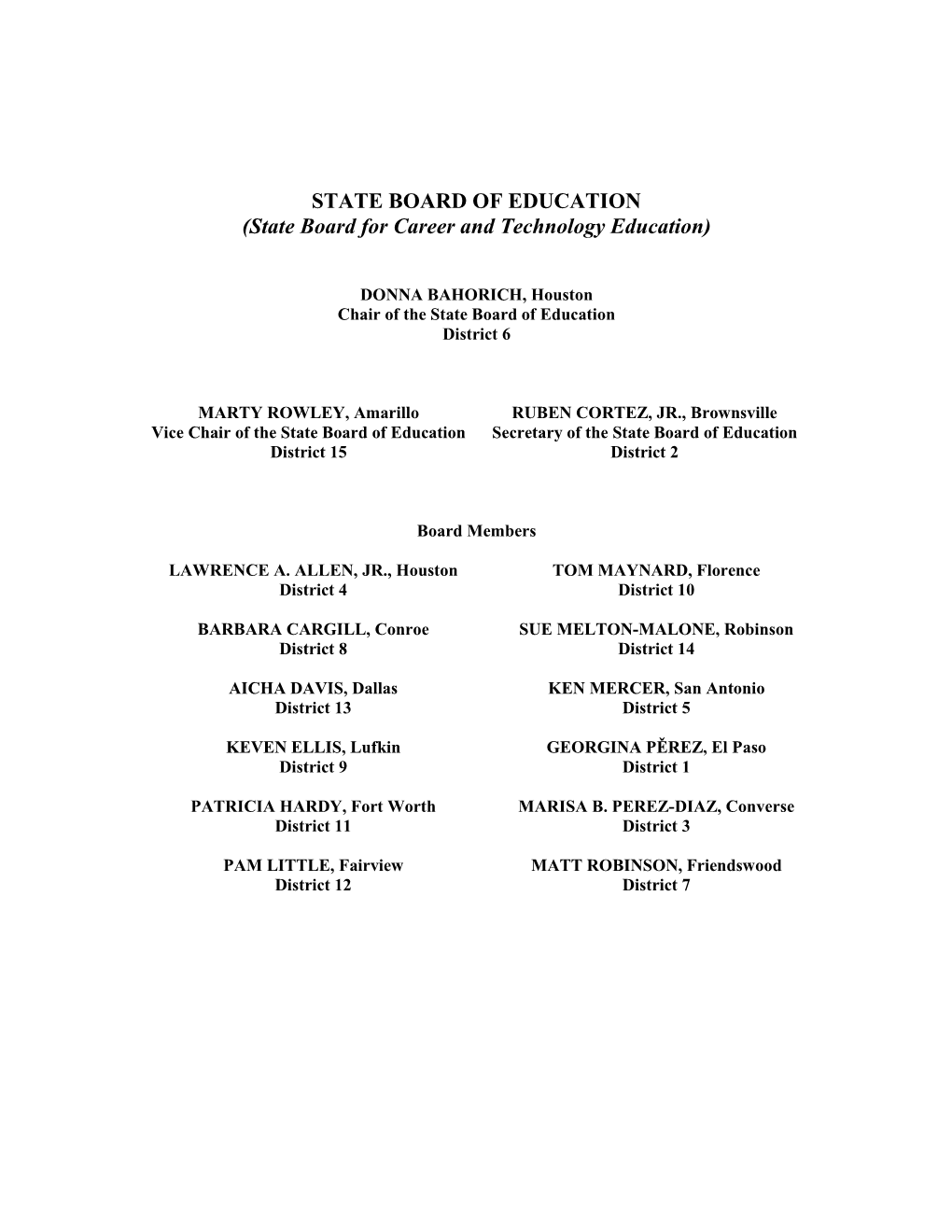 STATE BOARD of EDUCATION (State Board for Career and Technology Education)