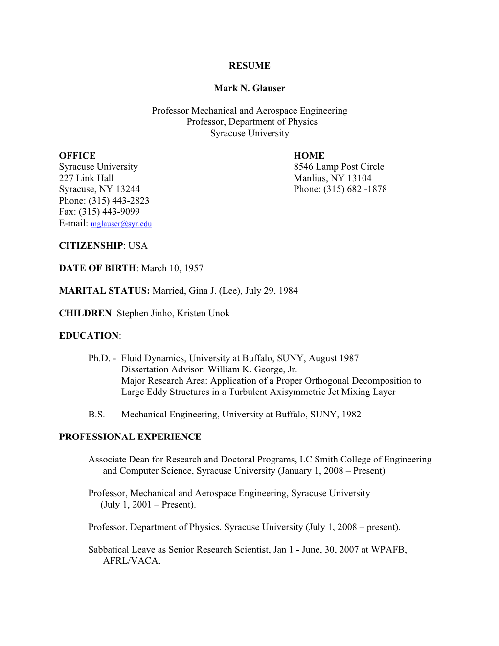 RESUME Mark N. Glauser Professor Mechanical