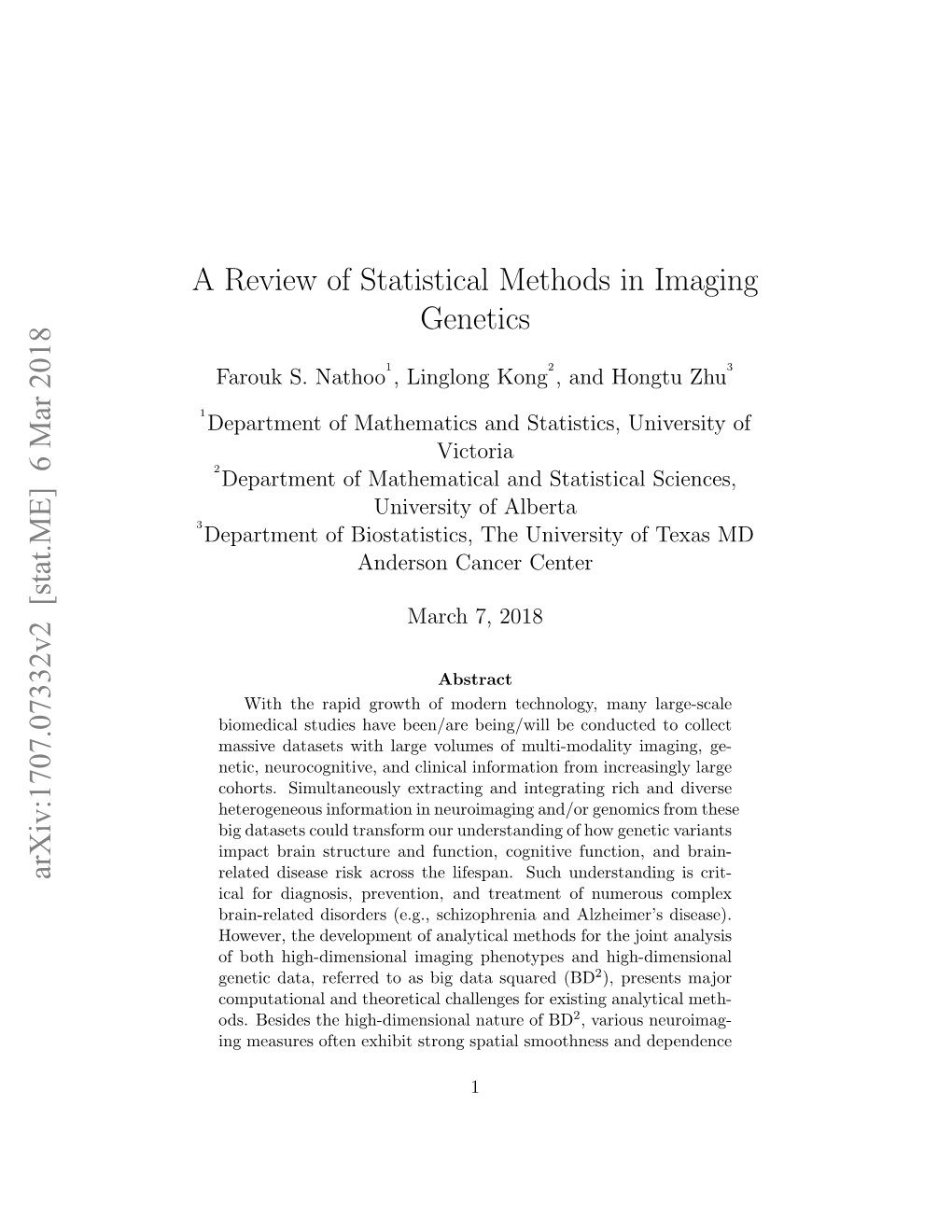 A Review of Statistical Methods in Imaging Genetics Arxiv:1707.07332