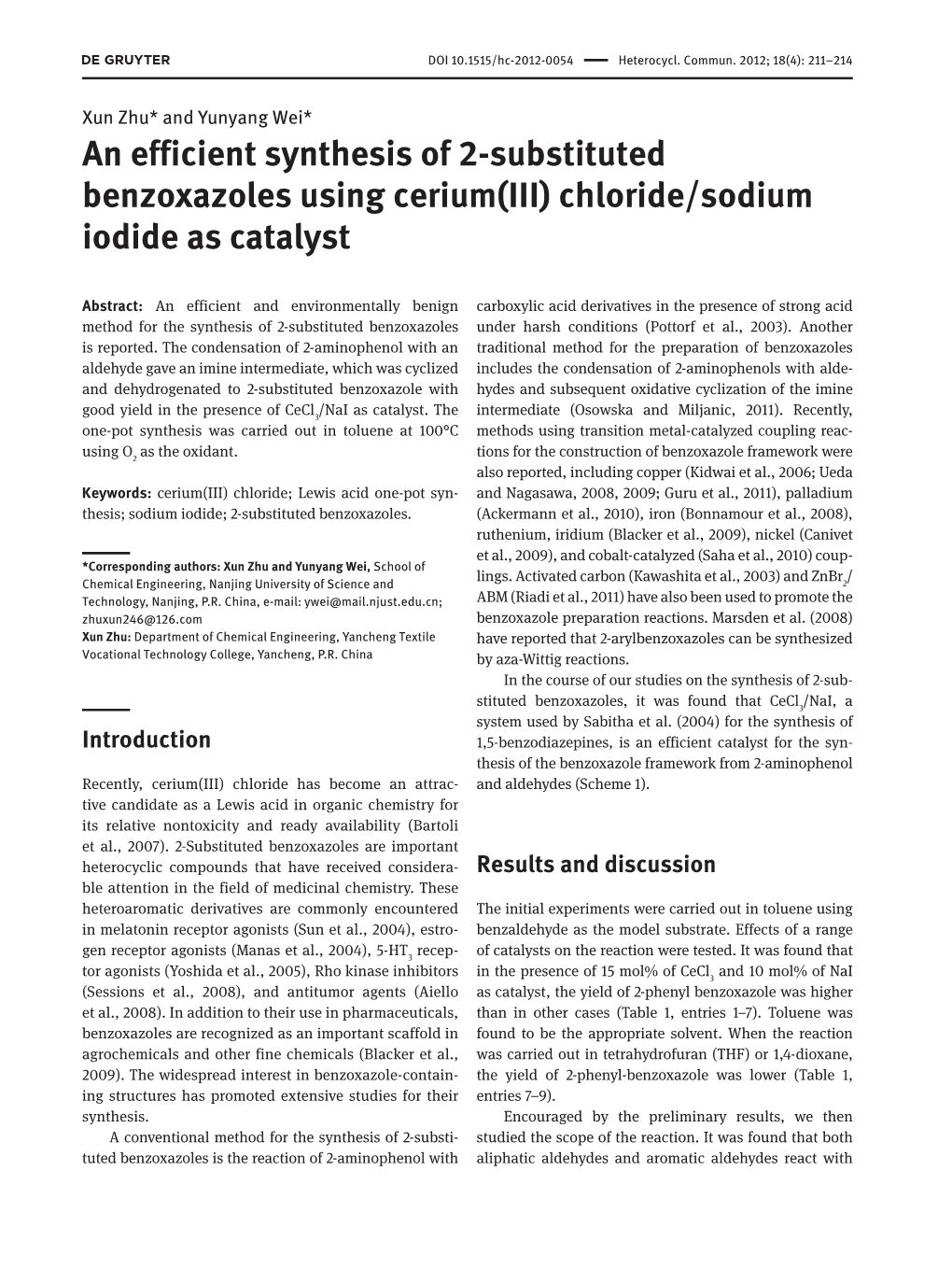 An Efficient Synthesis of 2-Substituted Benzoxazoles Using Cerium(III) Chloride/Sodium Iodide As Catalyst