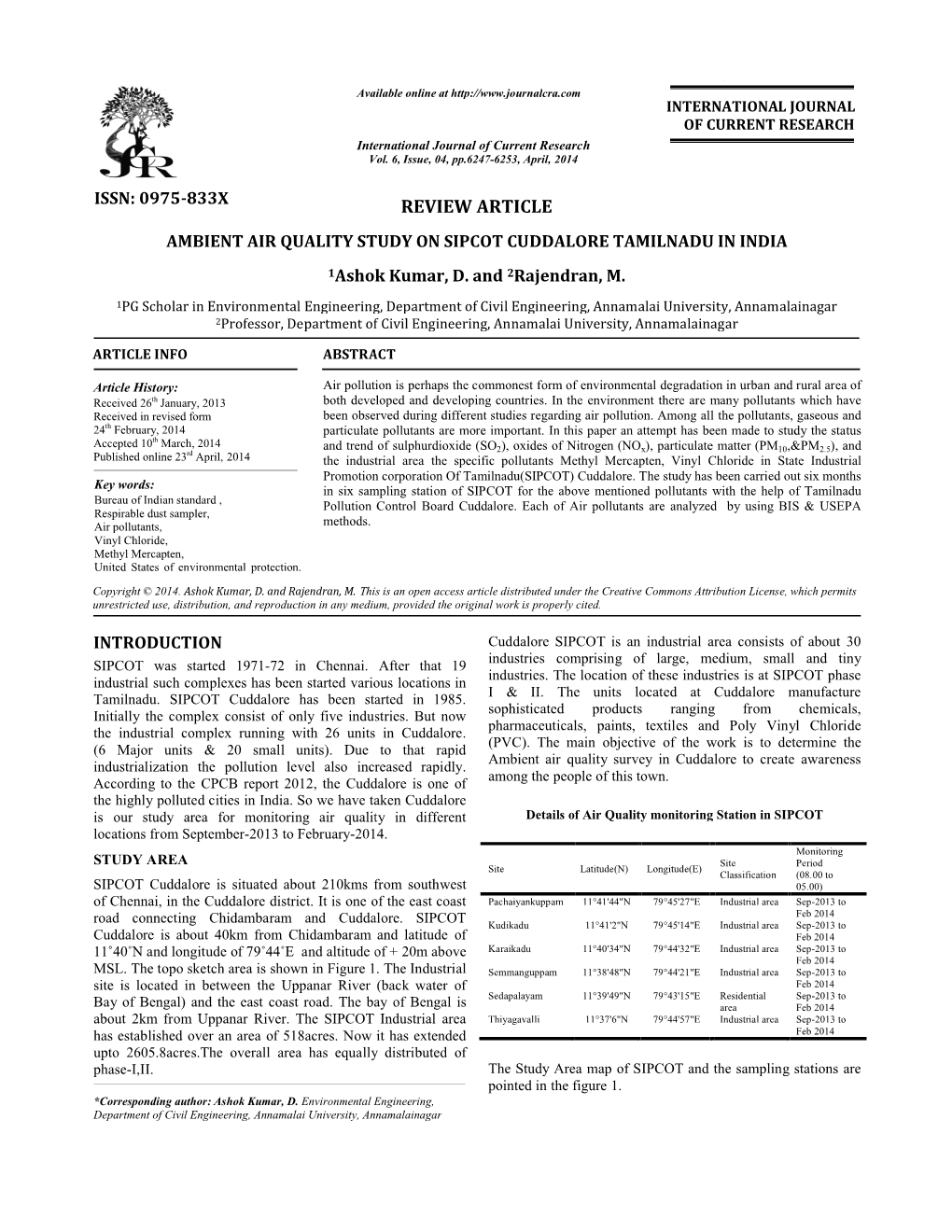 REVIEW ARTICLE AMBIENT AIR QUALITY STUDY on SIPCOT CUDDALORE TAMILNADU in INDIA 1Ashok Kumar, D