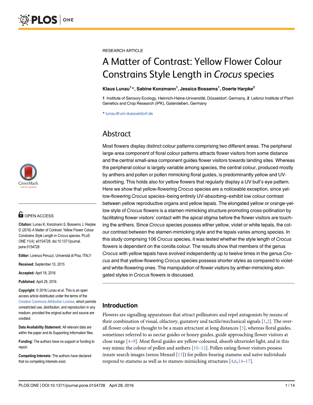 Yellow Flower Colour Constrains Style Length in Crocus Species