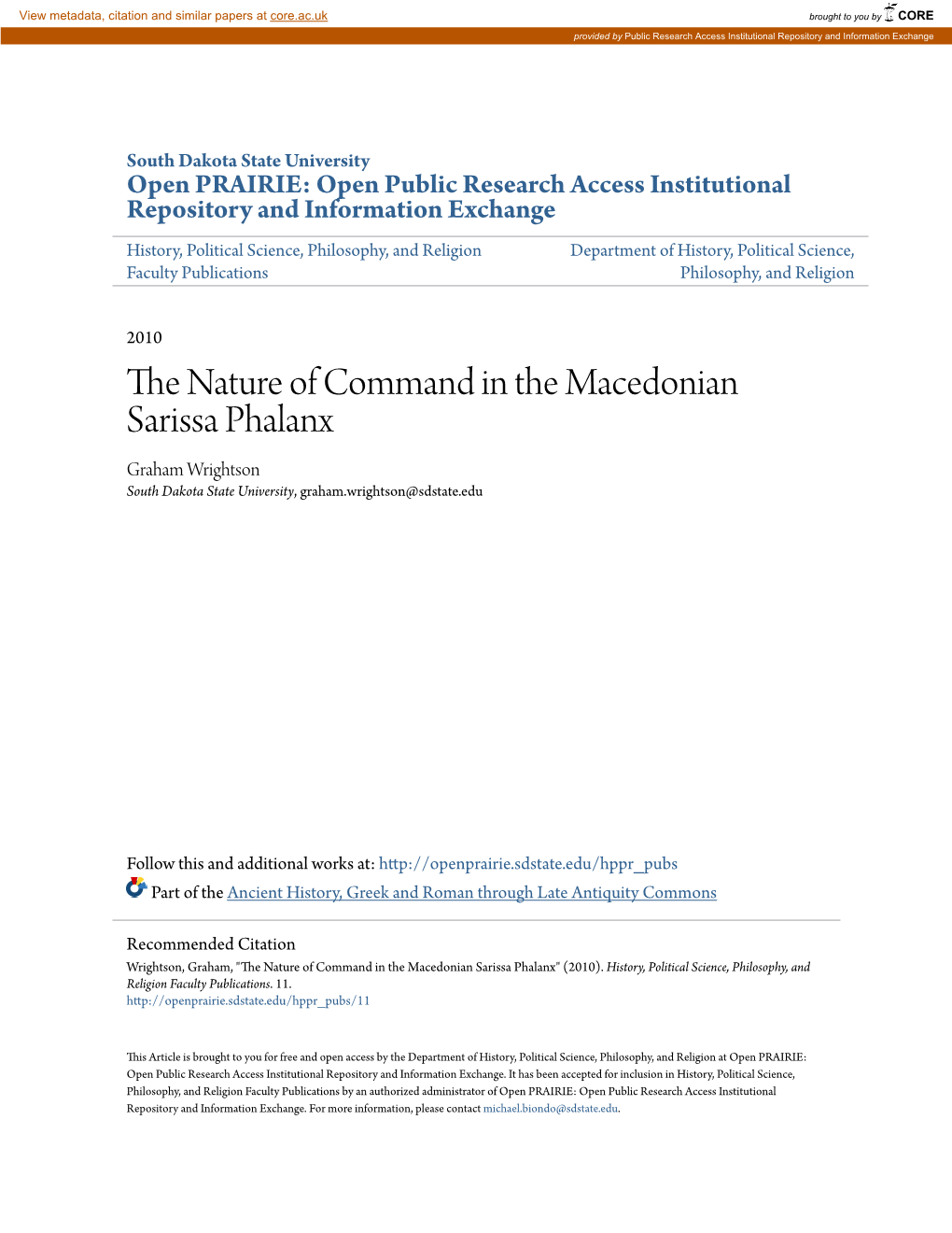 The Nature of Command in the Macedonian Sarissa Phalanx