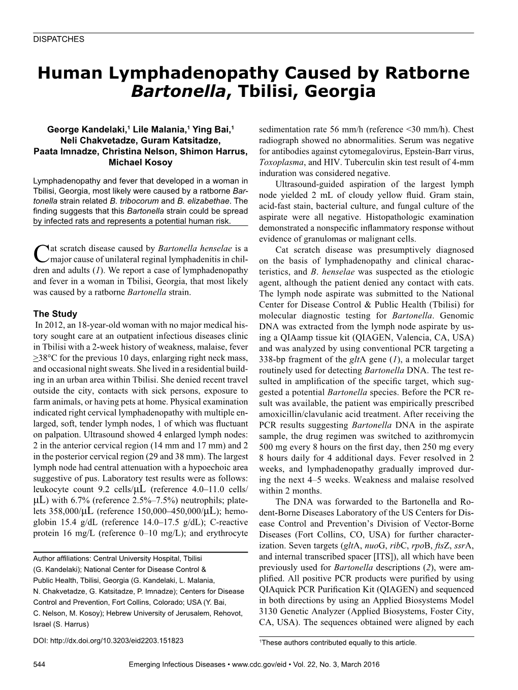 Human Lymphadenopathy Caused by Ratborne Bartonella, Tbilisi, Georgia