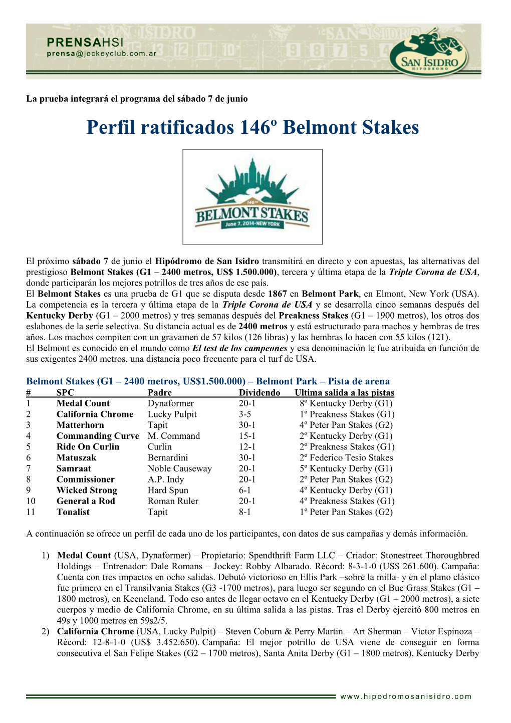 Perfil Ratificados 146º Belmont Stakes