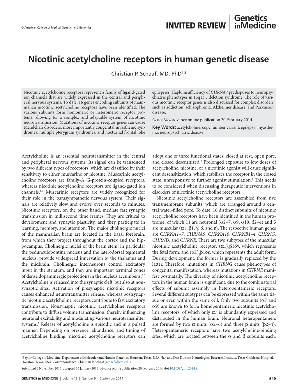 Nicotinic Acetylcholine Receptors in Human Genetic Disease