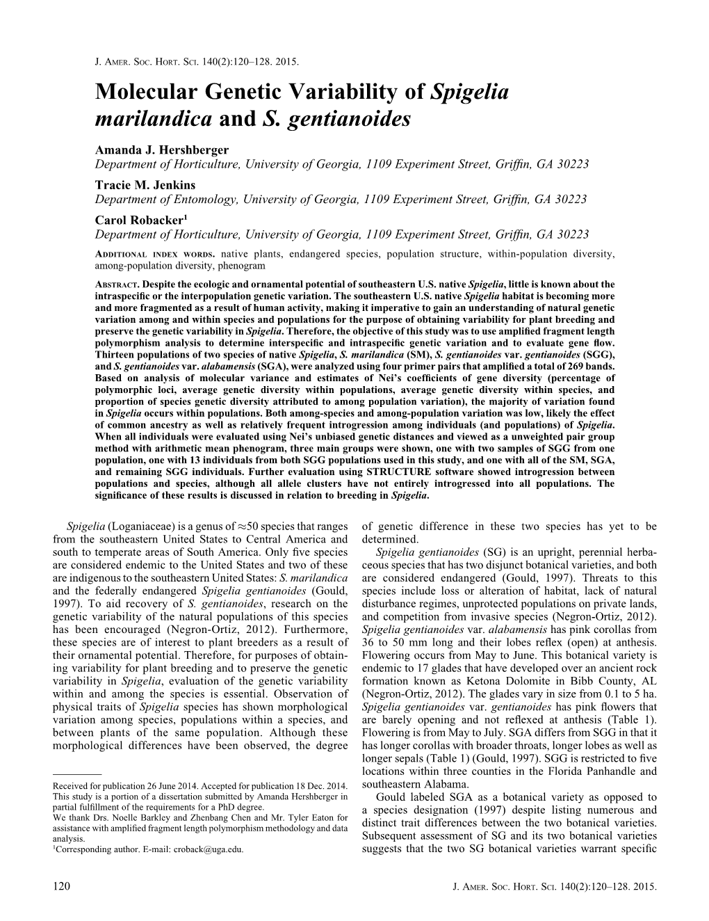 Molecular Genetic Variability of Spigelia Marilandica and S