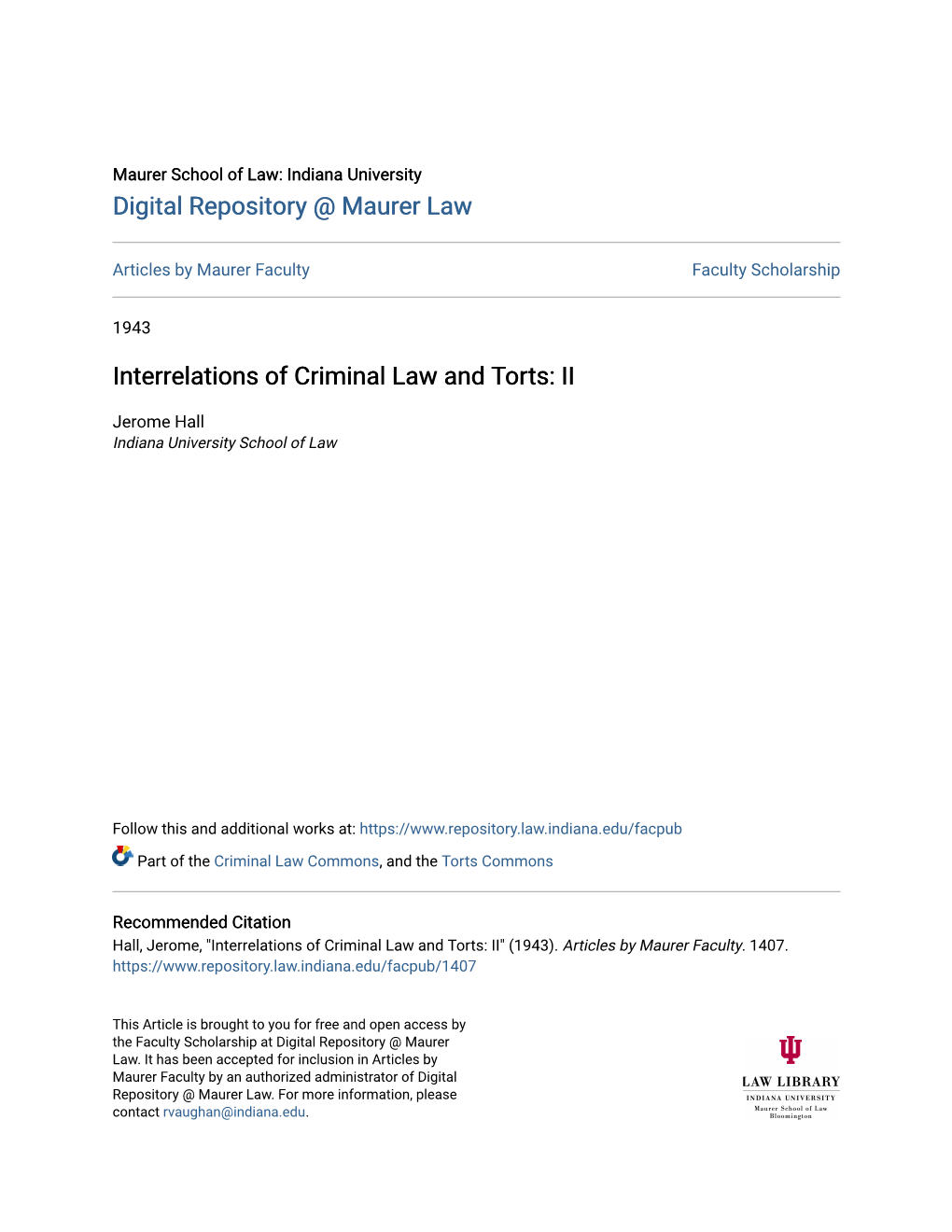 Interrelations of Criminal Law and Torts: II