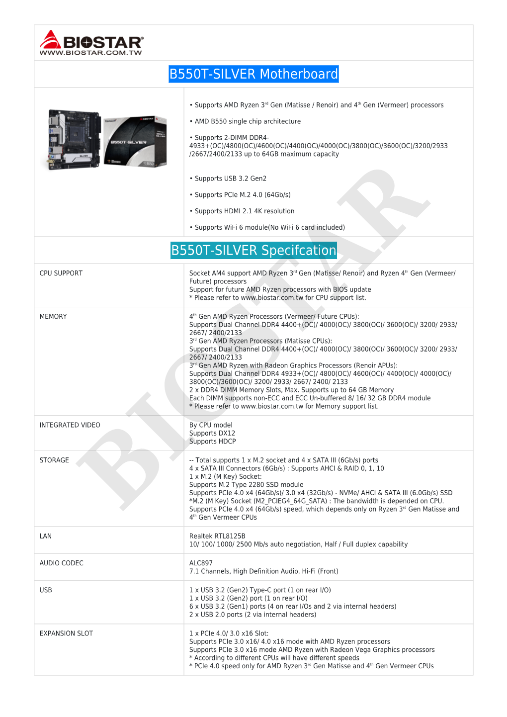 B550T-SILVER Motherboard B550T-SILVER Specifcation