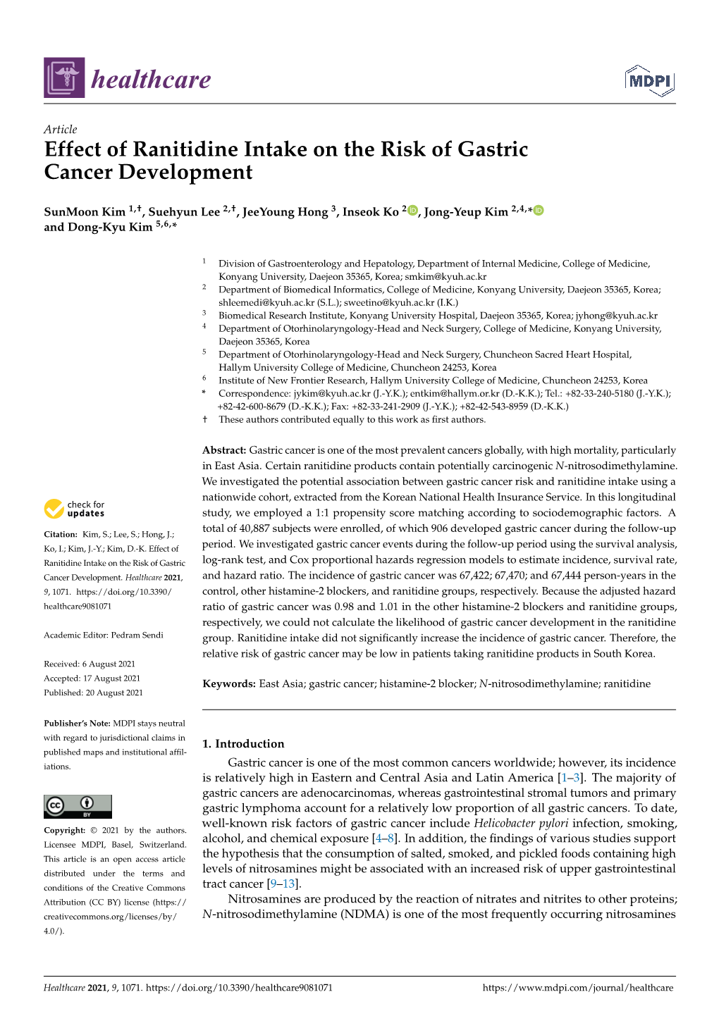 Effect of Ranitidine Intake on the Risk of Gastric Cancer Development