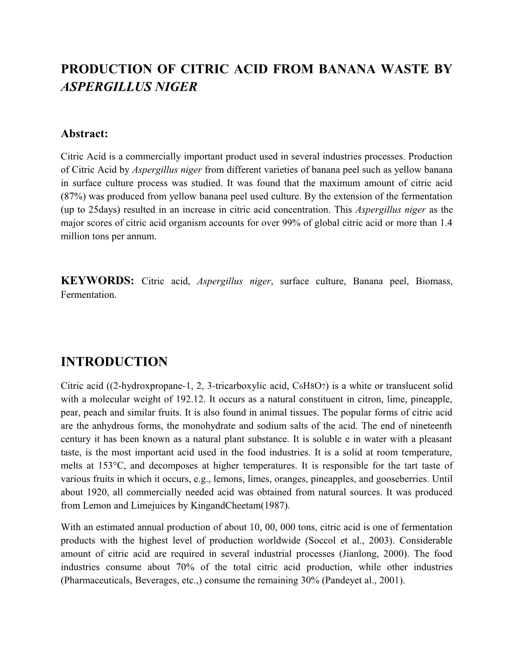 Production of Citric Acid from Banana Waste by Aspergillus Niger