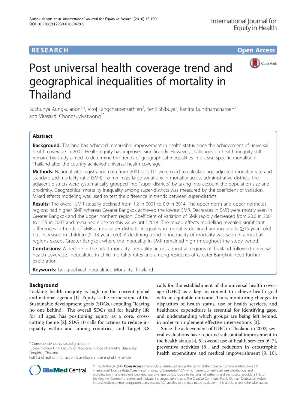 Post Universal Health Coverage Trend and Geographical Inequalities of Mortality in Thailand