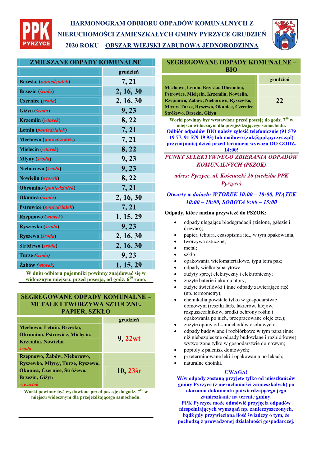 Harmonogram Odbioru Odpadów Komunalnych Z Nieruchomości Zamieszkałych Gminy Pyrzyce Grudzień 2020 Roku – Obszar Wiejski Zabudowa Jednorodzinna