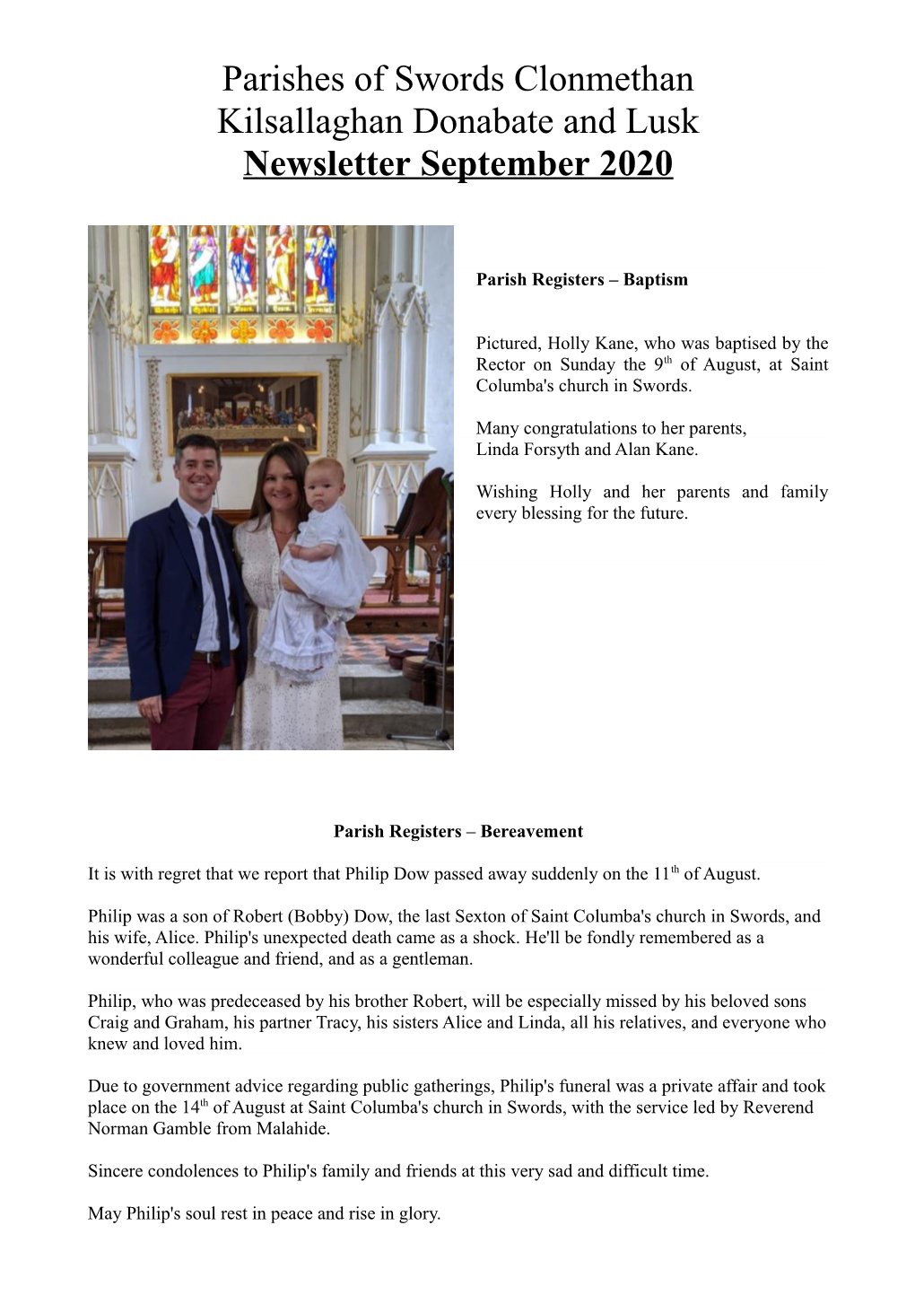 Parishes of Swords Clonmethan Kilsallaghan Donabate and Lusk Newsletter September 2020