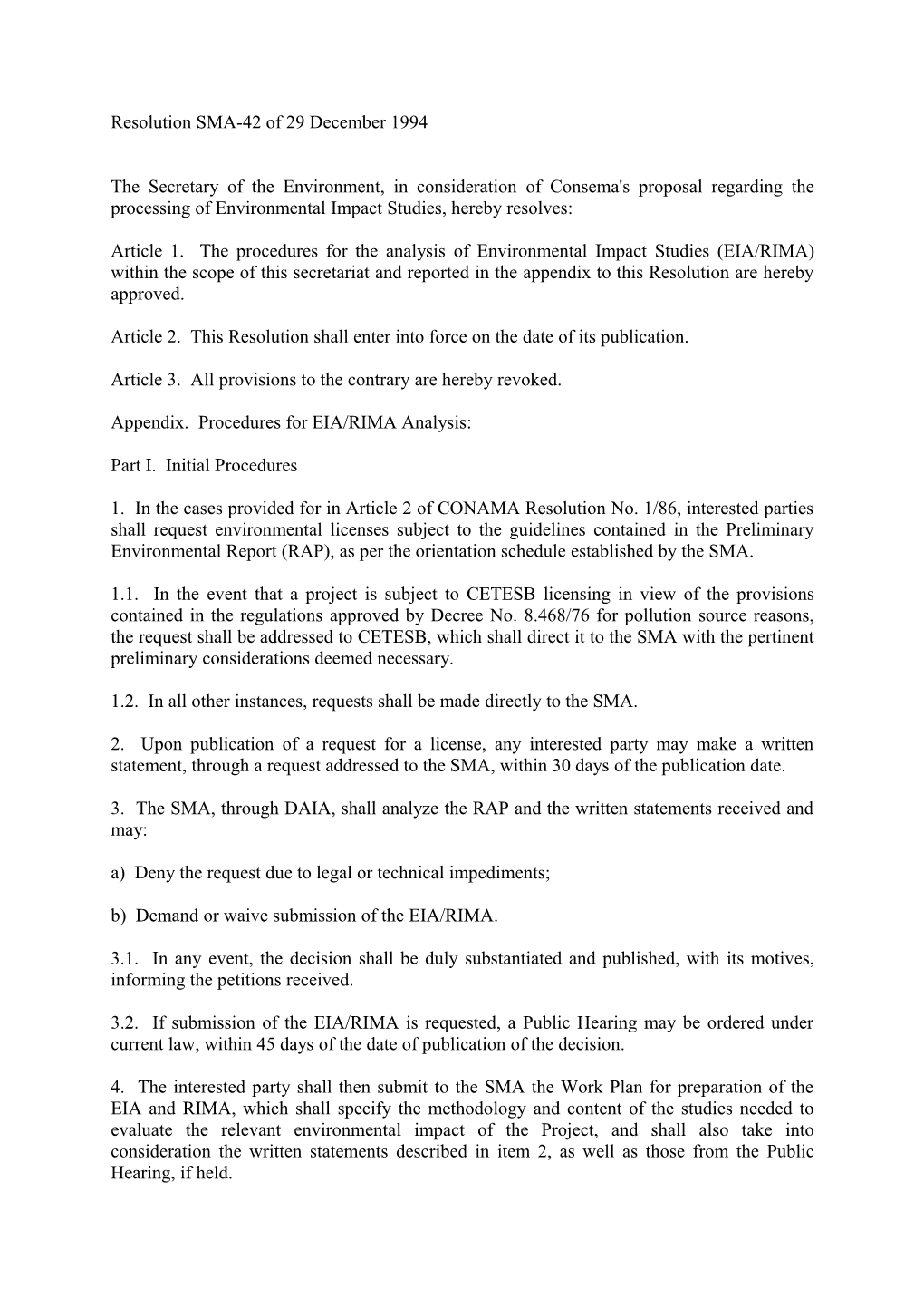 Resolution SMA-42 of 29 December 1994