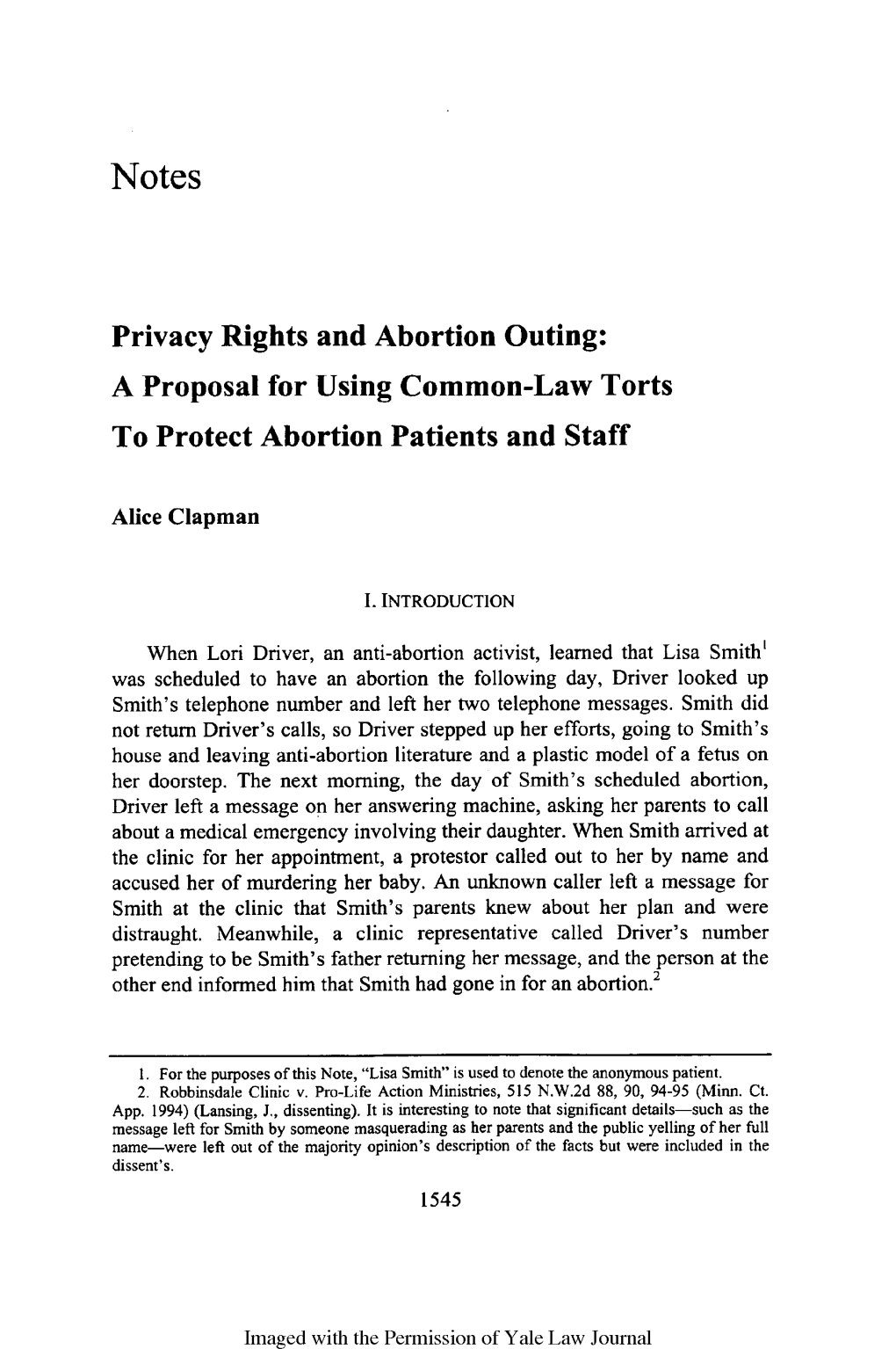 Privacy Rights and Abortion Outing: a Proposal for Using Common-Law Torts to Protect Abortion Patients and Staff