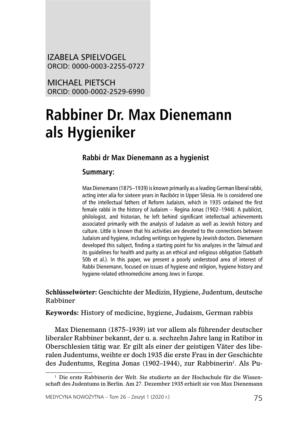 Rabbiner Dr. Max Dienemann Als Hygieniker