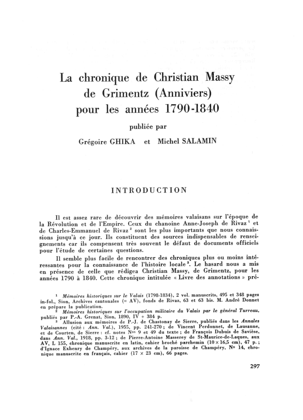 La Chronique De Christian Massy De Grimentz (Anniviers) Pour Les Années 1790-1840