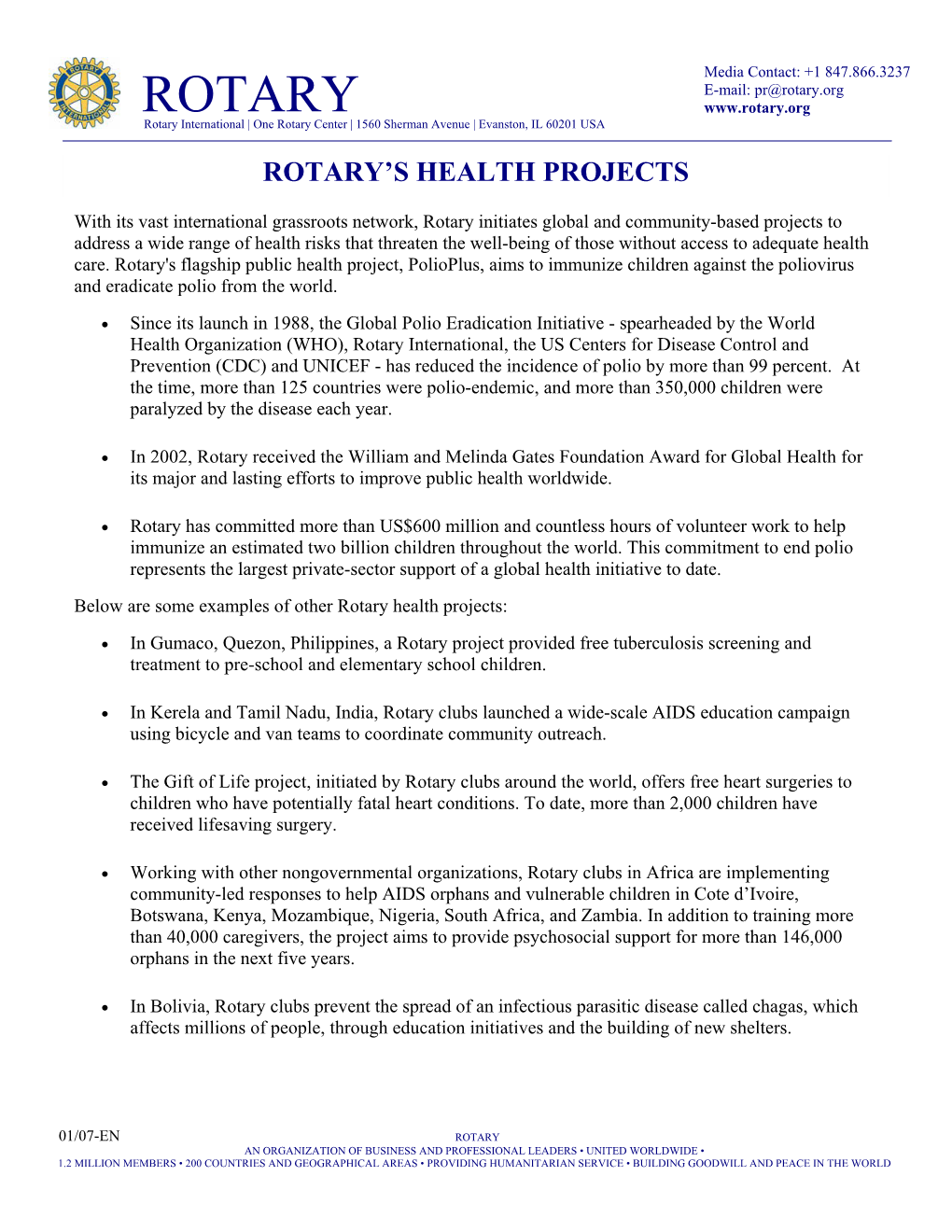 Rotary.Org ROTARY Rotary International | One Rotary Center | 1560 Sherman Avenue | Evanston, IL 60201 USA