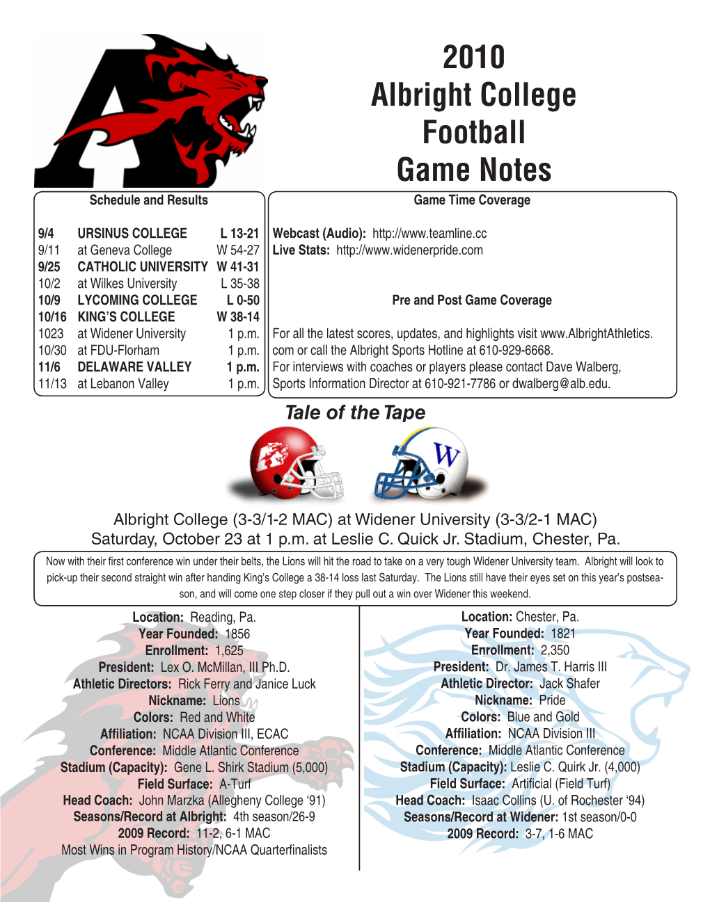 2010 Albright College Football Game Notes Schedule and Results Game Time Coverage