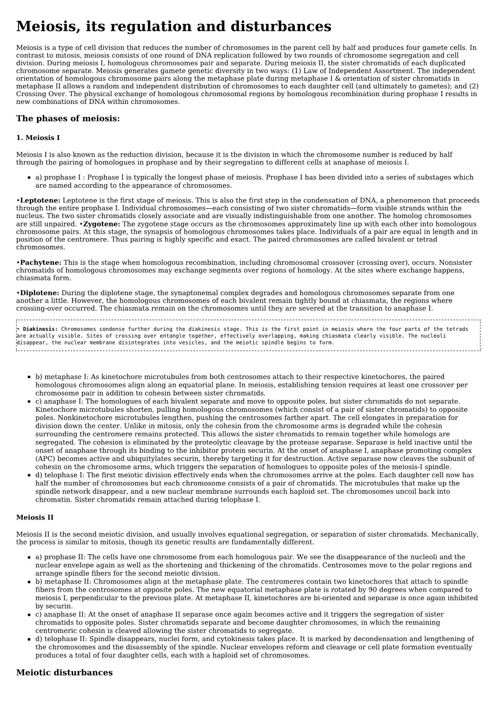 Meiosis, Its Regulation and Disturbances