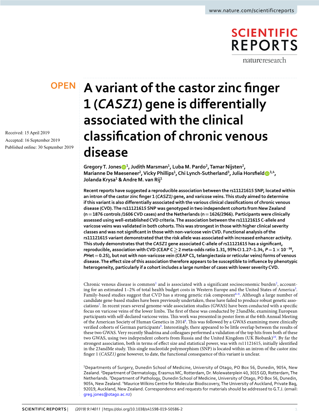 (CASZ1) Gene Is Differentially Associated with the Clinical Classification of Chronic Veno