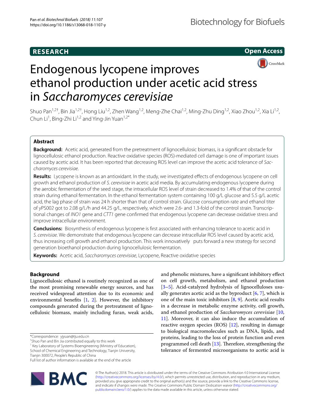 Endogenous Lycopene Improves Ethanol Production Under Acetic