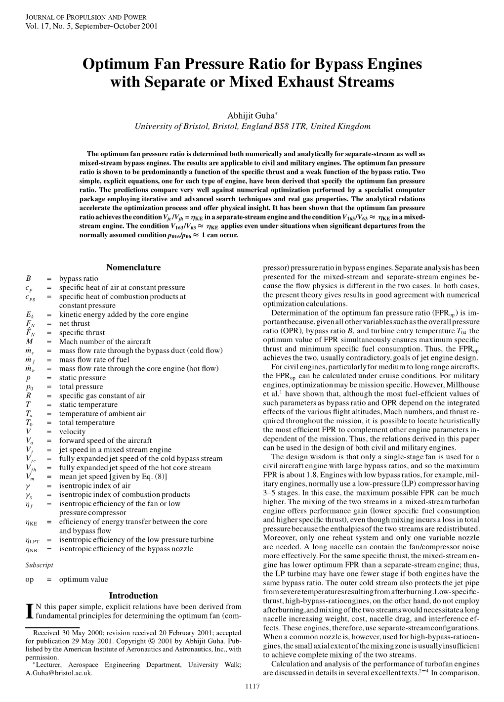 Optimum Fan Pressure Ratio for Bypass Engines with Separate Or