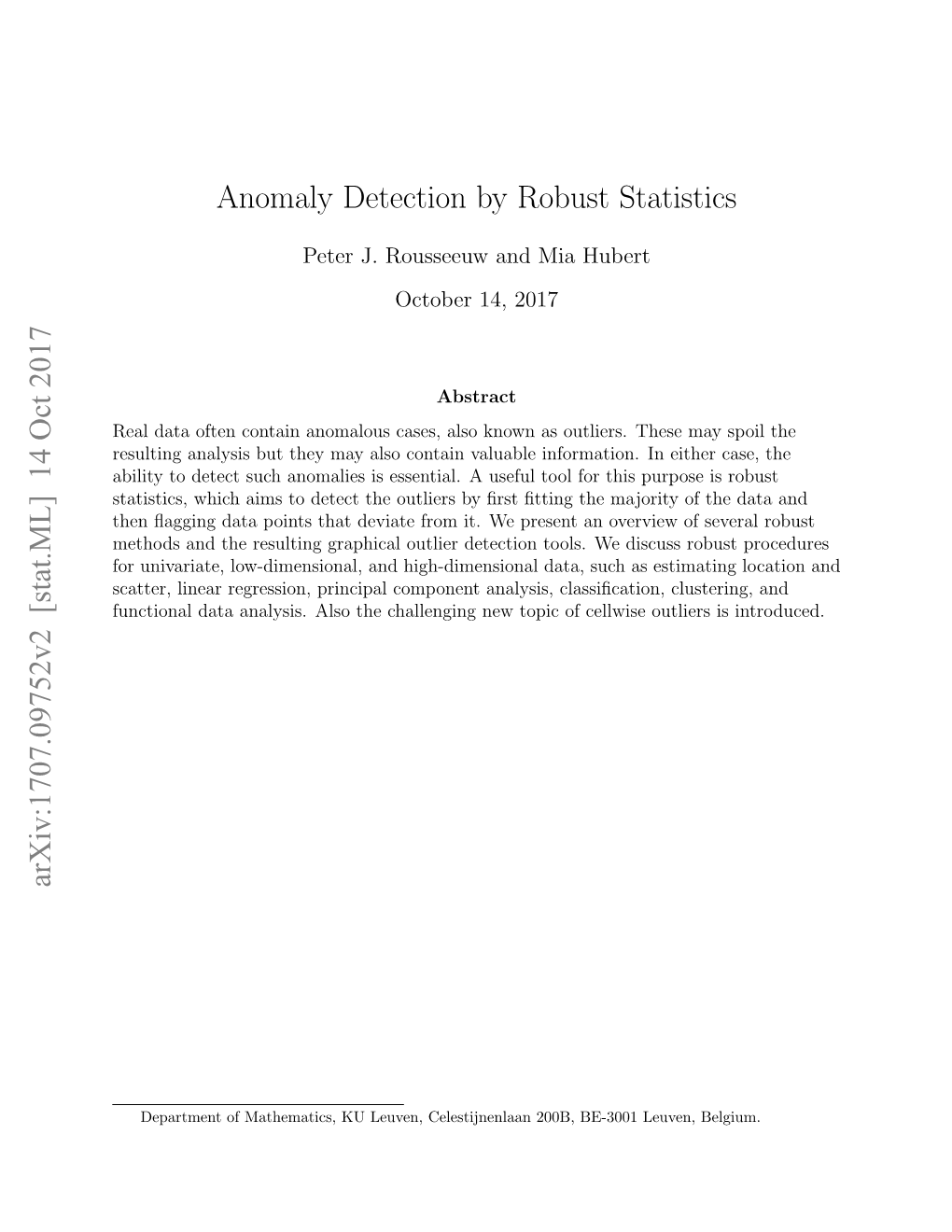 Anomaly Detection by Robust Statistics Arxiv:1707.09752V2 [Stat