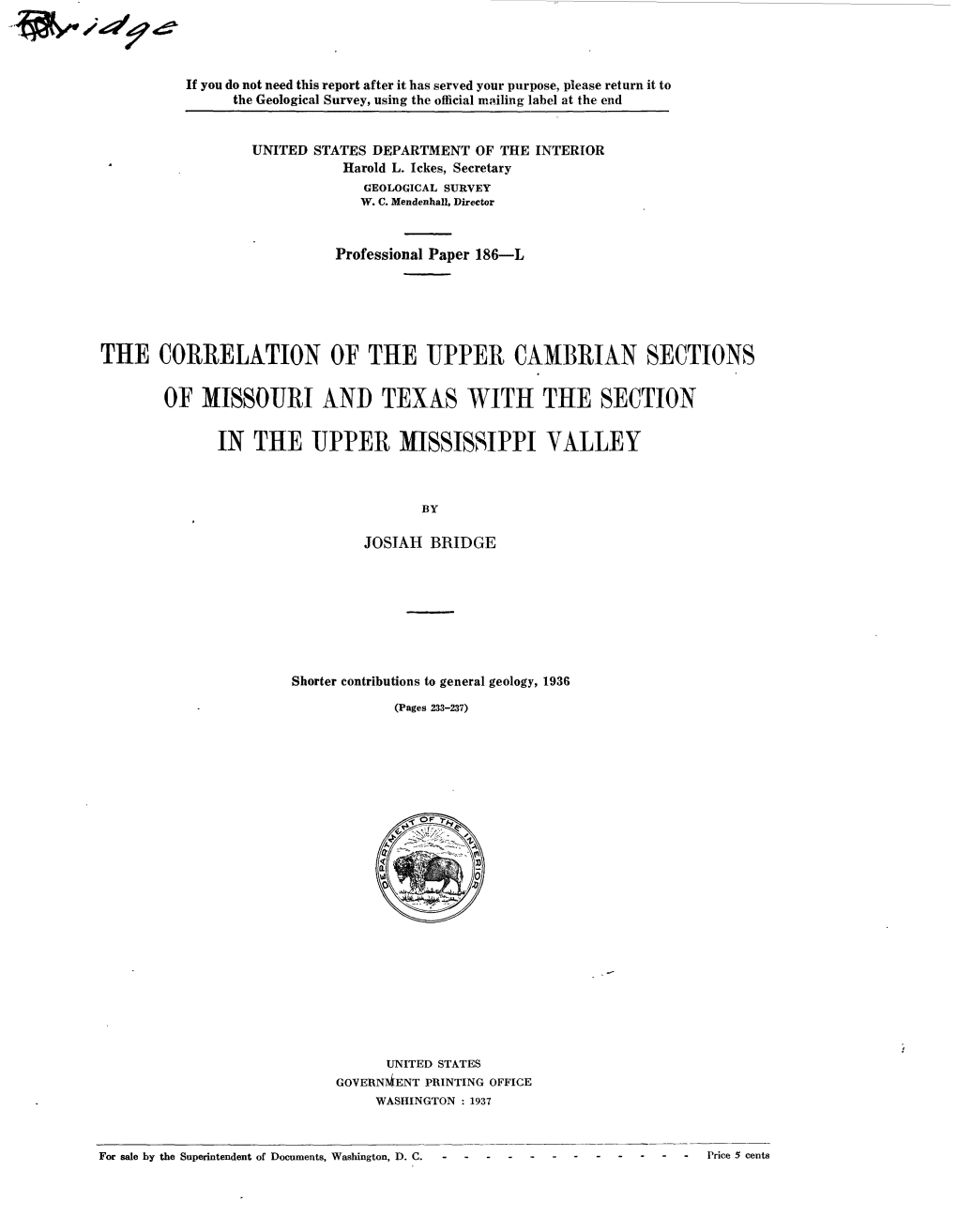 The Correlation of the Upper Cambrian Sections of Missouri and Texas with the Section in the Upper Mississippi Valley