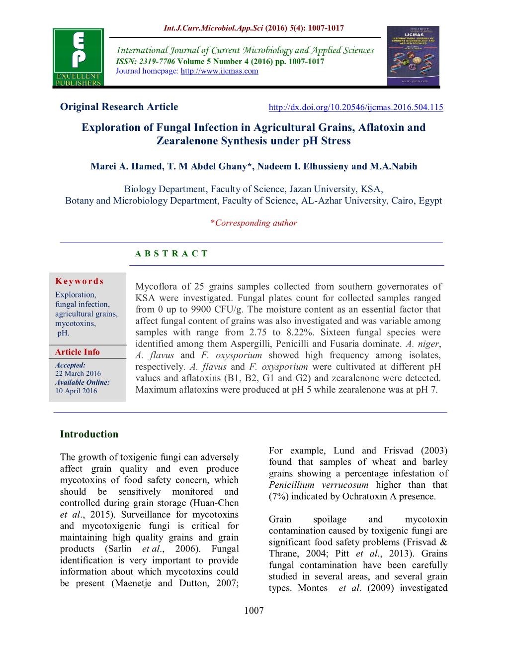 Exploration of Fungal Infection in Agricultural Grains, Aflatoxin and Zearalenone Synthesis Under Ph Stress