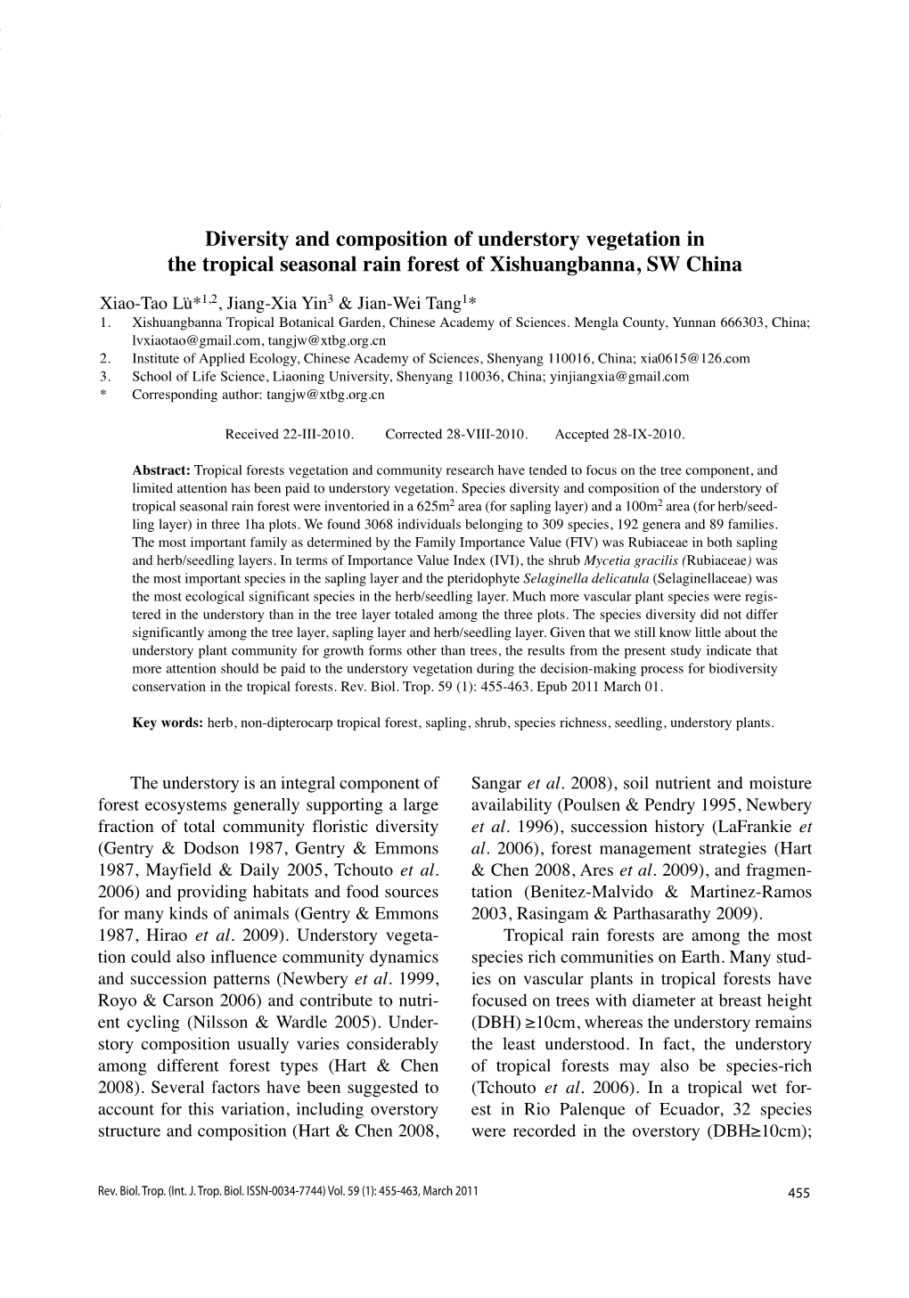 Diversity and Composition of Understory Vegetation in the Tropical Seasonal Rain Forest of Xishuangbanna, SW China