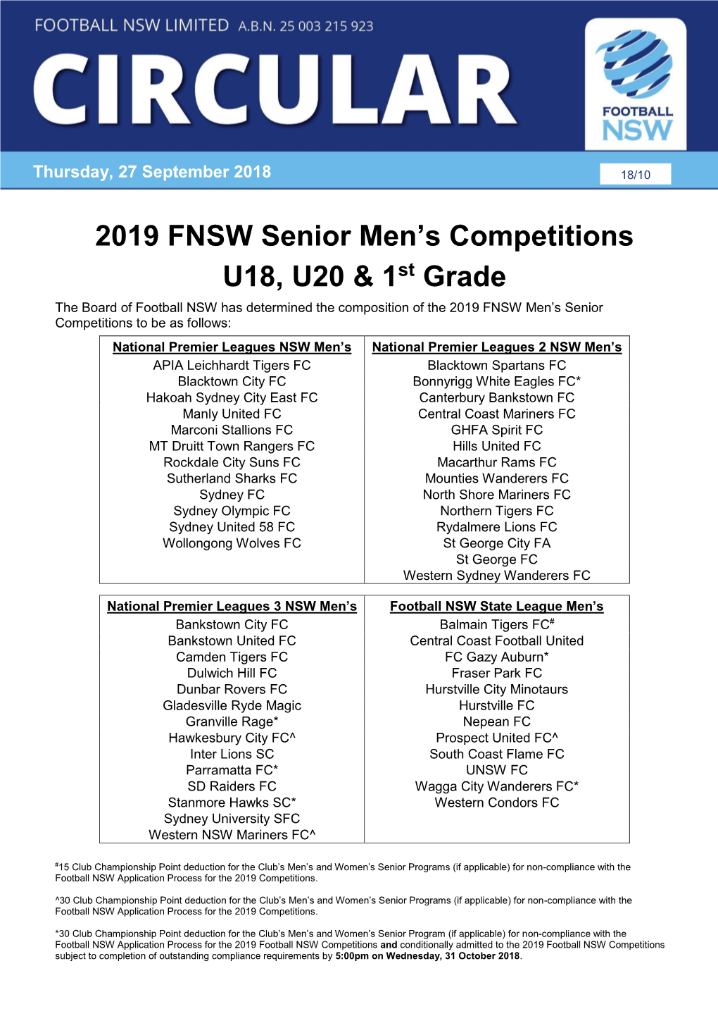 2019 FNSW Senior Men's Competitions U18, U20 & 1St Grade