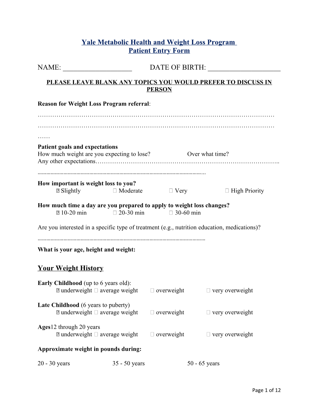 Yale Metabolic Health and Weight Loss Program Patient Entry Form